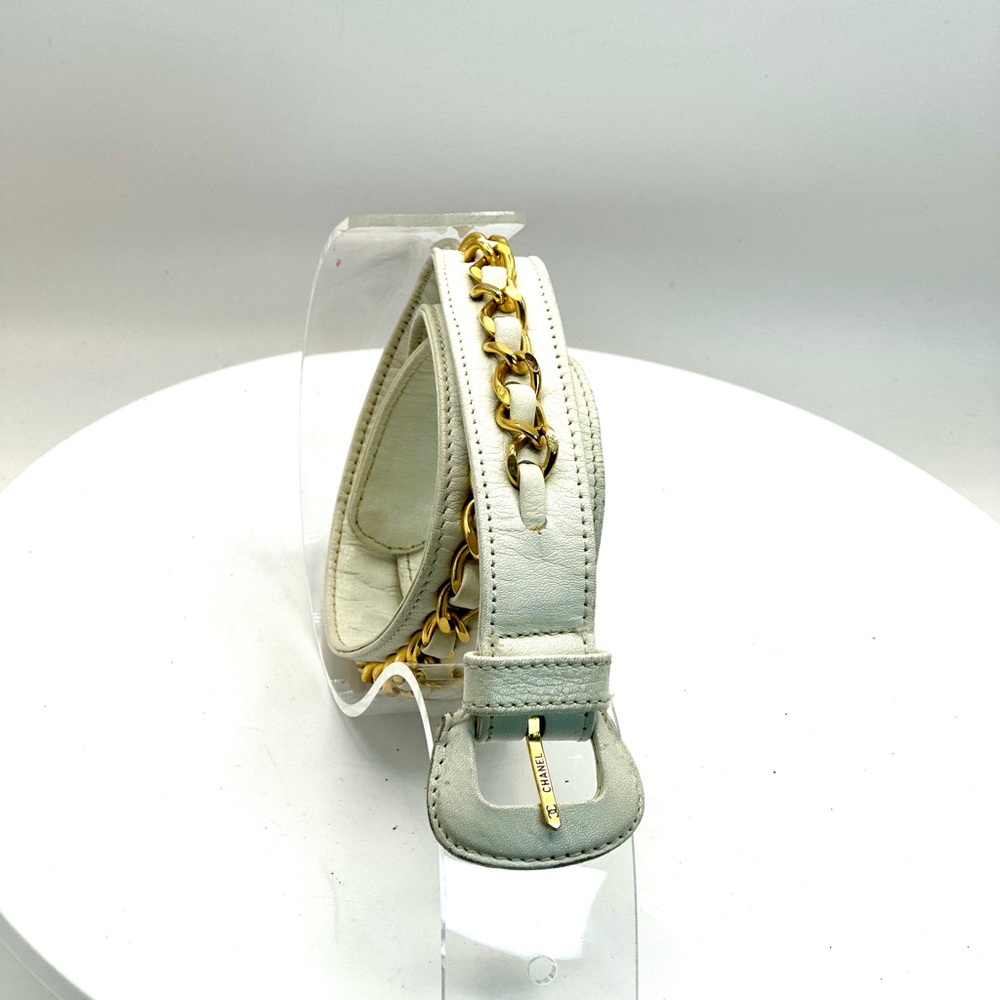 Chanel White Leather Strap with Gold Chain